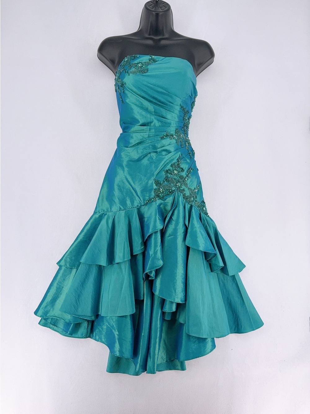 NWOT Vintage Y2K Poly USA Teal Strapless Beaded Ruffle High Low Dress Size S
